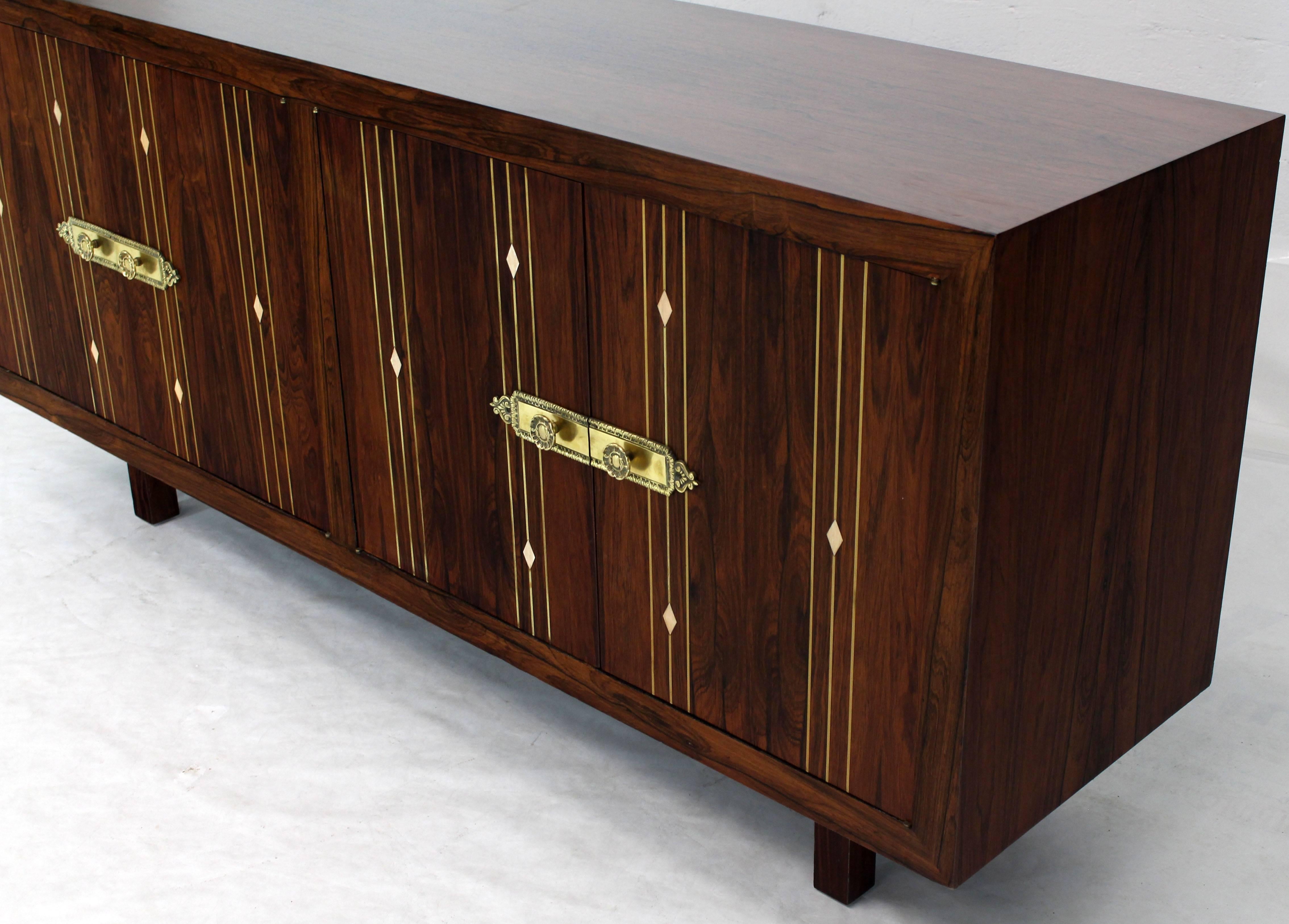 Rosewood with Brass Inlay Midcentury Long Credenza Server In Excellent Condition In Rockaway, NJ