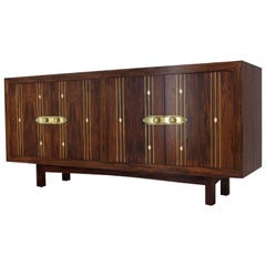 Rosewood with Brass Inlay Midcentury Long Credenza Server