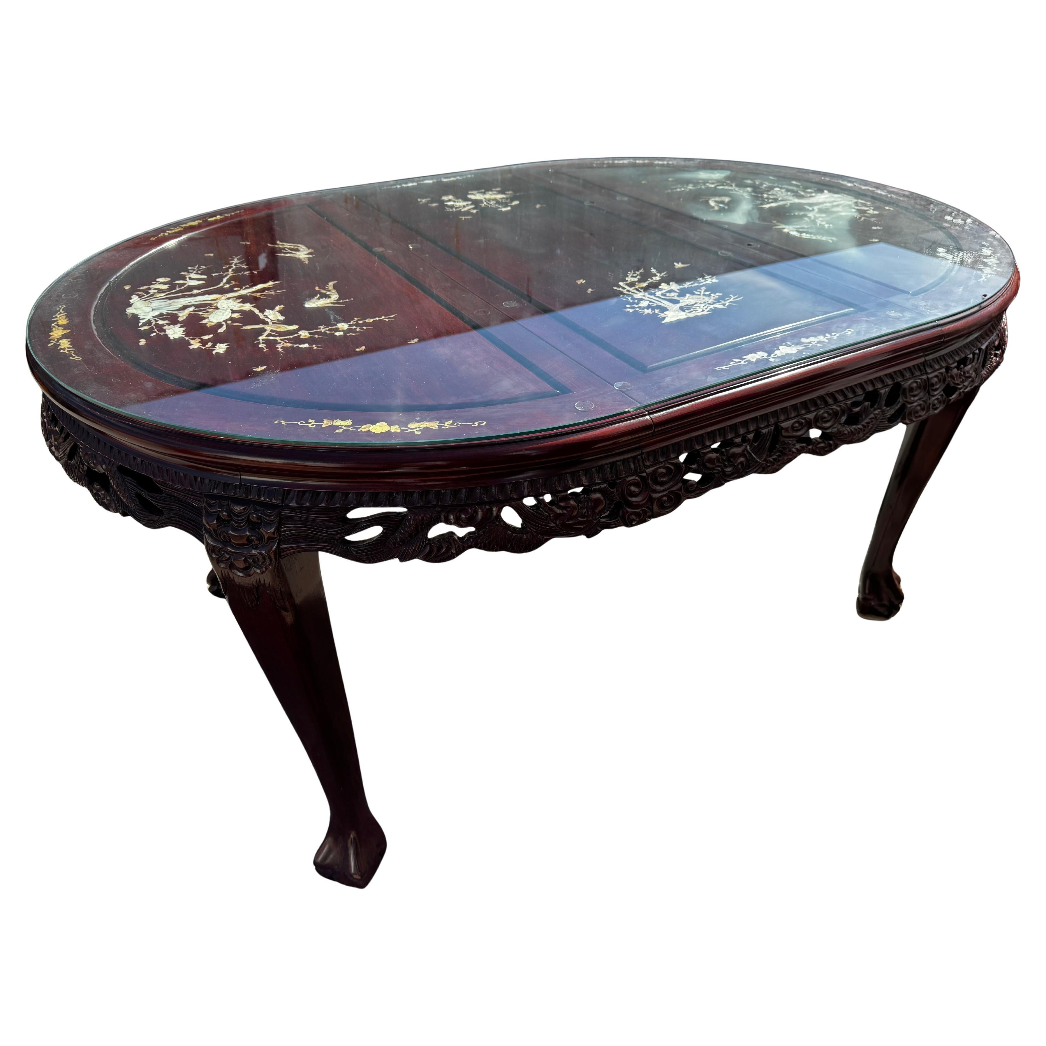 Rosewood with Mother of Pearl Inlay Chinese Chippendale Carved Dining Table