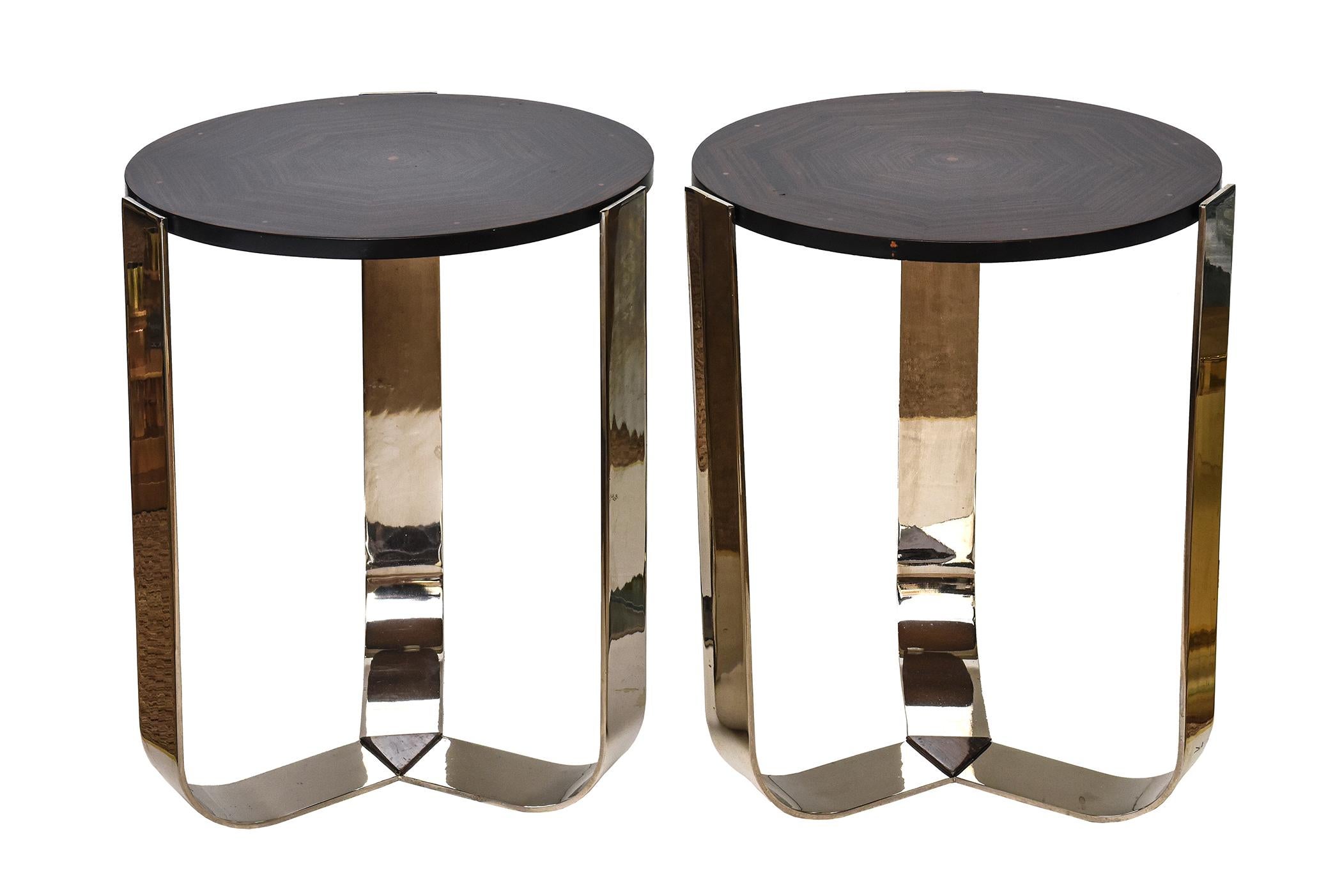 Rosewood, Wood and Chrome Plated Stainless Steel Side Table Deco Style Pair 5