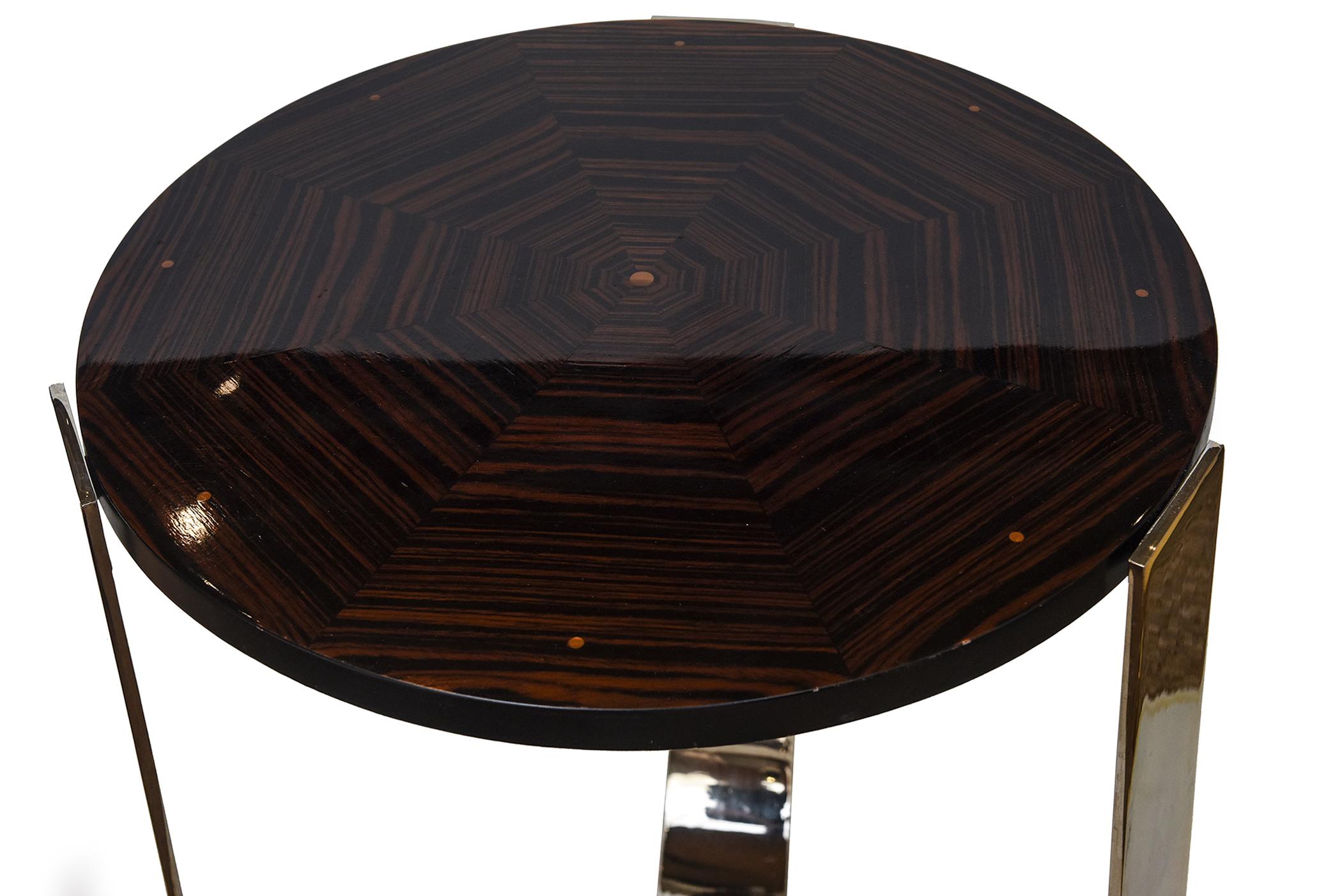 Rosewood, Wood and Chrome Plated Stainless Steel Side Table Deco Style Pair 1