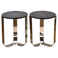 Rosewood, Wood and Chrome Plated Stainless Steel Side Table Deco Style Pair of