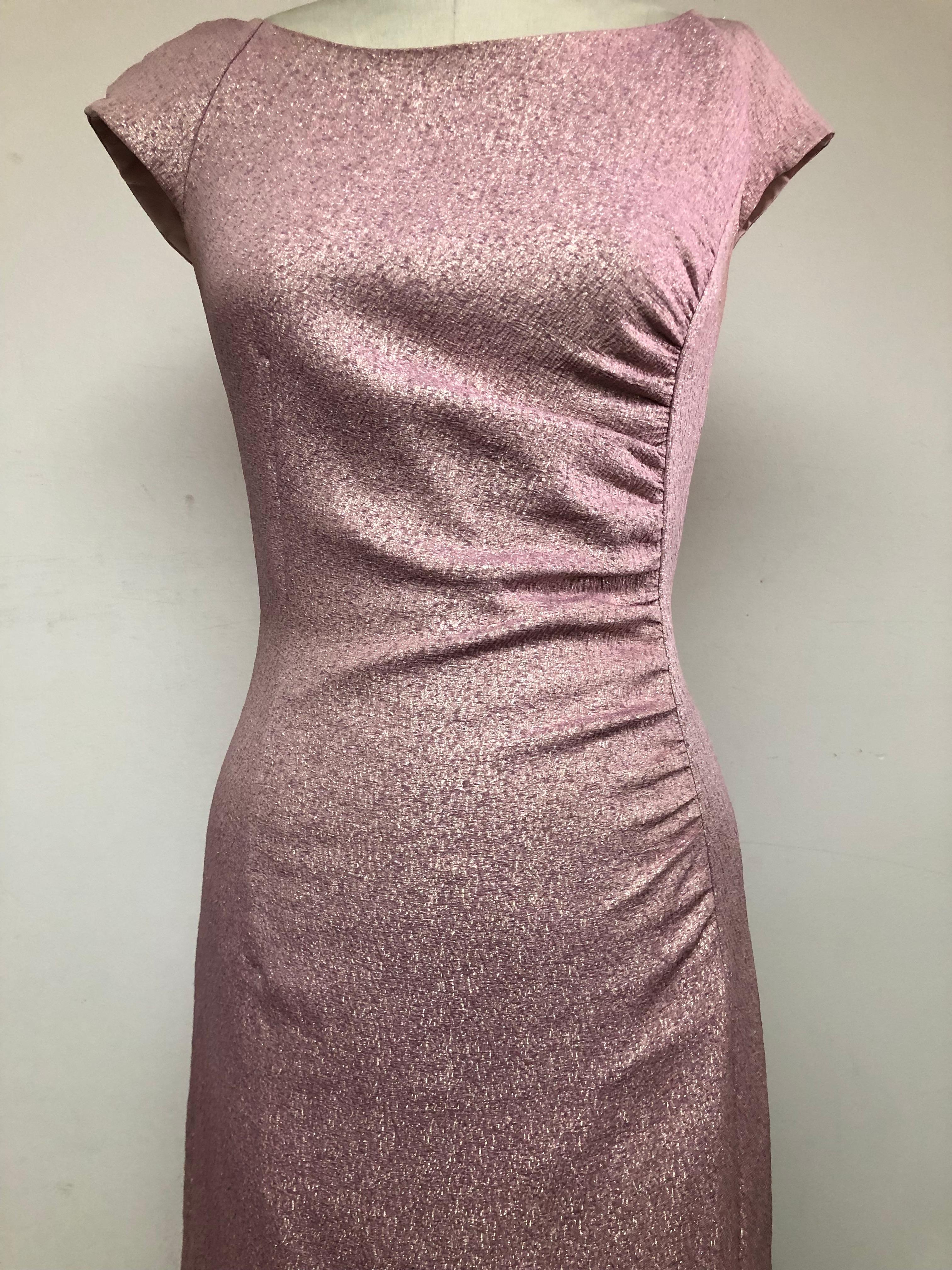 Women's Rose Pink Sparkling French Brocade Gown with Side Ruching and Slit