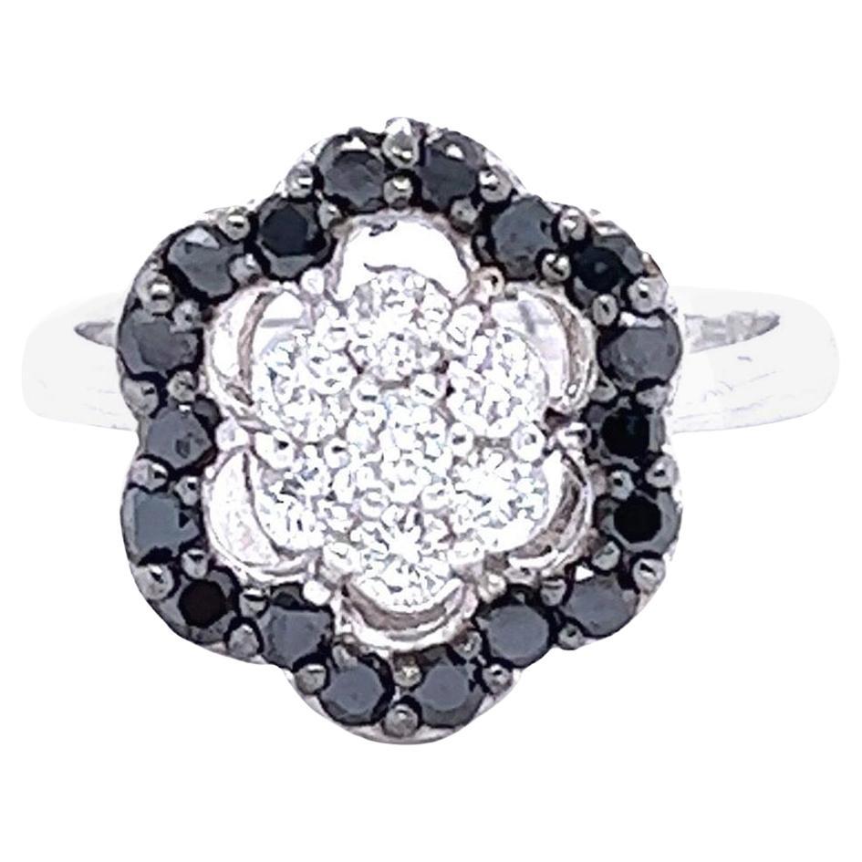 Roshe Jewels 14K White Gold Black and White Diamond Cluster Ring, 0.99 Carats For Sale