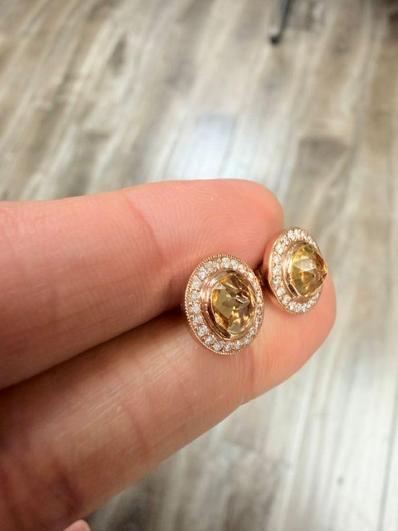 Roshe Jewels Natural 1.86 Carat Citrine Diamond 14 Karat Rose Gold Earrings View 6
