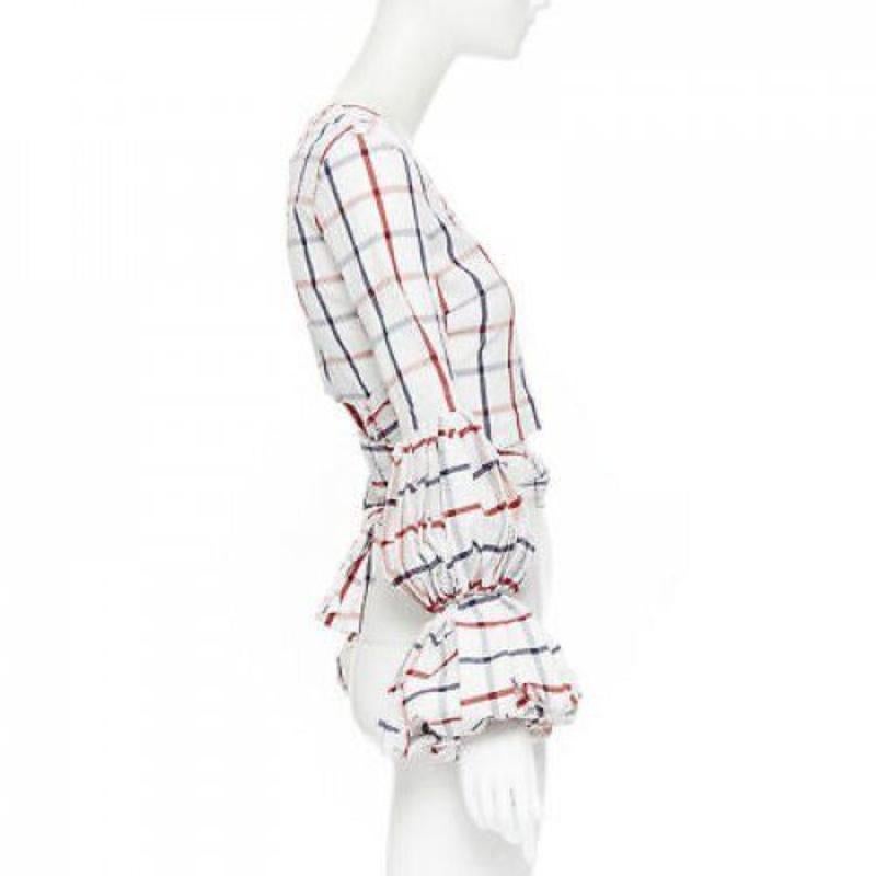 ROSIE ASSOULIN 2018 white checked seersucker puff sleeve wrap top US0 XS In New Condition For Sale In Hong Kong, NT