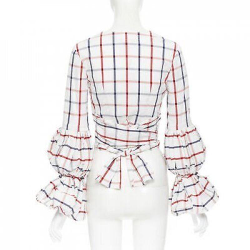 Women's ROSIE ASSOULIN 2018 white checked seersucker puff sleeve wrap top US0 XS For Sale
