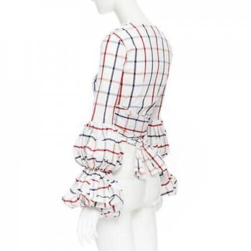 ROSIE ASSOULIN 2018 white checked seersucker puff sleeve wrap top US0 XS For Sale 1