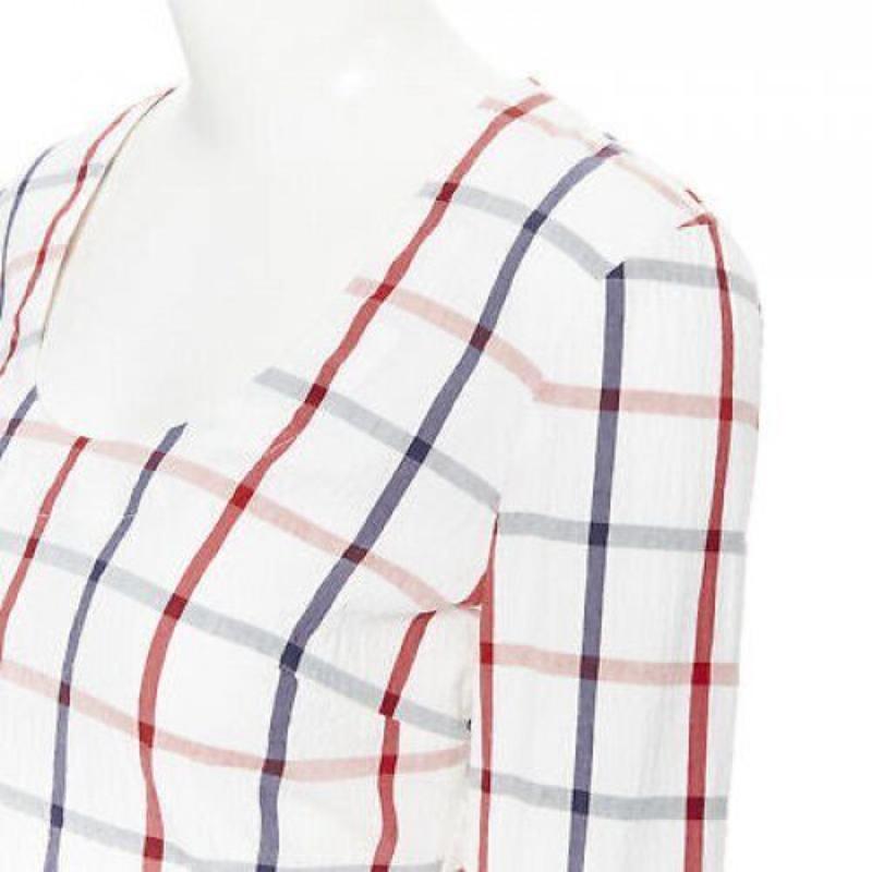 ROSIE ASSOULIN 2018 white checked seersucker puff sleeve wrap top US0 XS For Sale 2