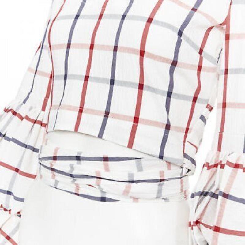ROSIE ASSOULIN 2018 white checked seersucker puff sleeve wrap top US0 XS For Sale 3