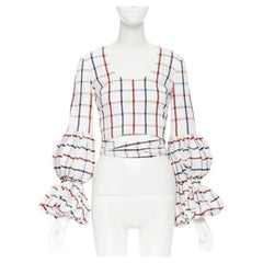 ROSIE ASSOULIN 2018 top con mangas abullonadas de seersucker a cuadros blancos US0 XS
