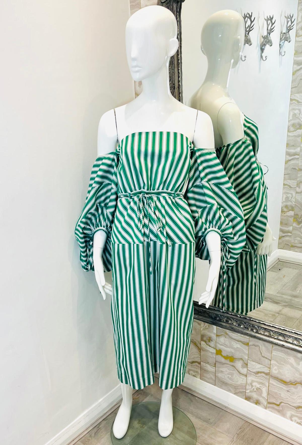 Rosie Assoulin Cotton Dress

Green midi dress designed with white stripe pattern.

Detailed with off-shoulder neckline and balloon sleeves.

Featuring self-tie belt with elasticated waistband and back centre slit. Rrp £1135

Size – S (Label missing