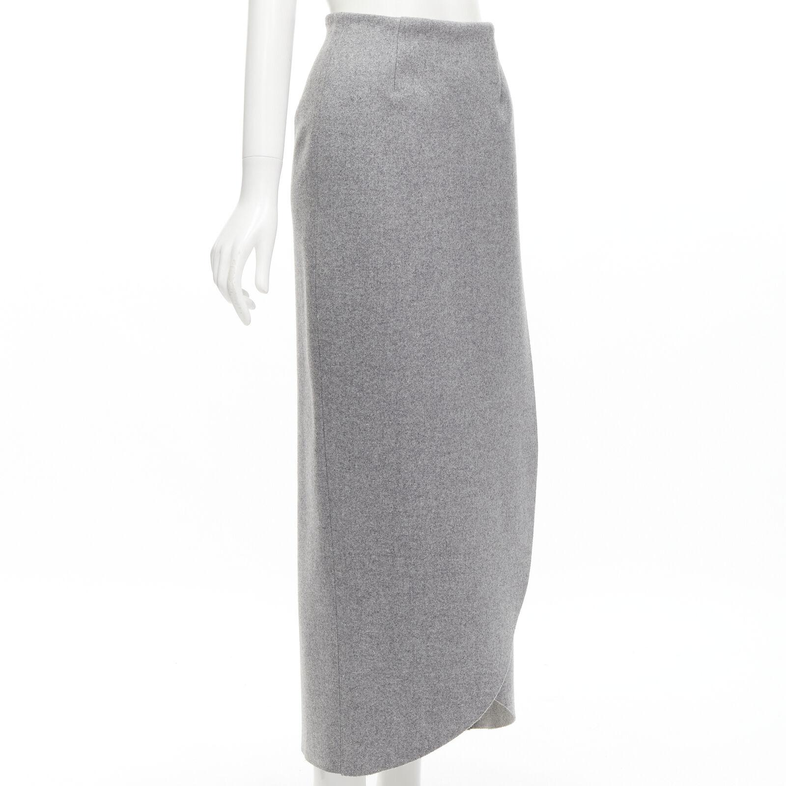Gray ROSIE ASSOULIN grey wool minimal curved petal high-waisted midi skirt US2 XS For Sale