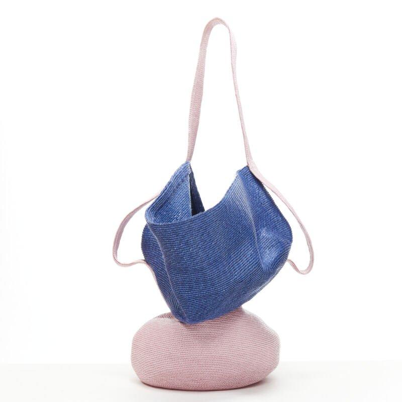ROSIE ASSOULIN Jug sculptural pink blue flared raffia woven basket bag In Excellent Condition For Sale In Hong Kong, NT