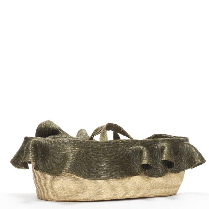 Gray ROSIE ASSOULIN Oversized East West green ruffle raffia basket bag For Sale