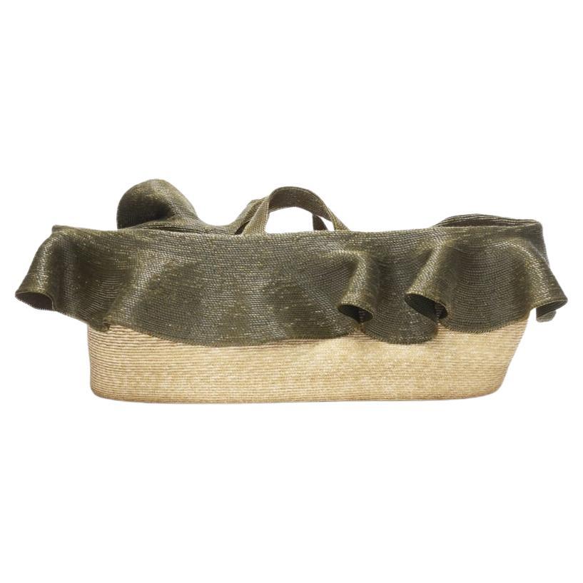 ROSIE ASSOULIN Oversized East West green ruffle raffia basket bag For Sale