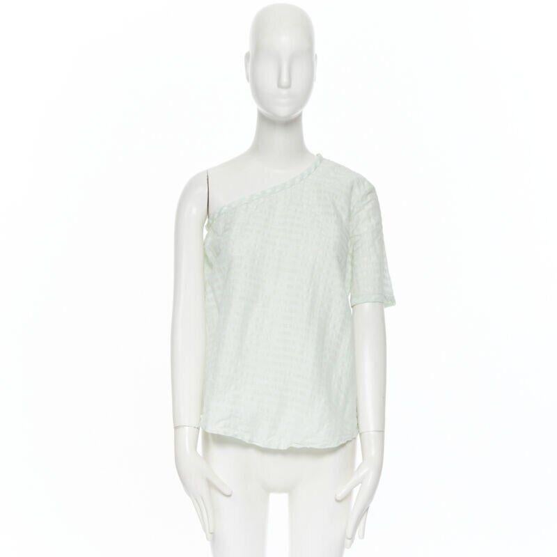 Gray ROSIE ASSOULIN pastel green striped rusched draped back one shoulder top XS For Sale
