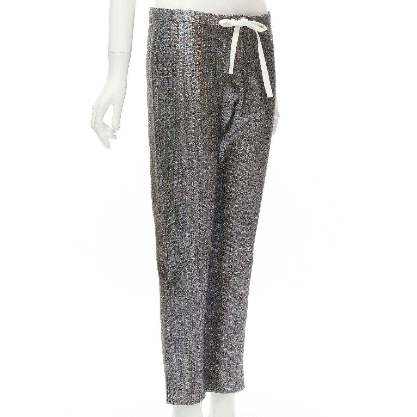 Silver ROSIE ASSOULIN silver iridescent glitter metallic silk tapered cropped pants XS For Sale