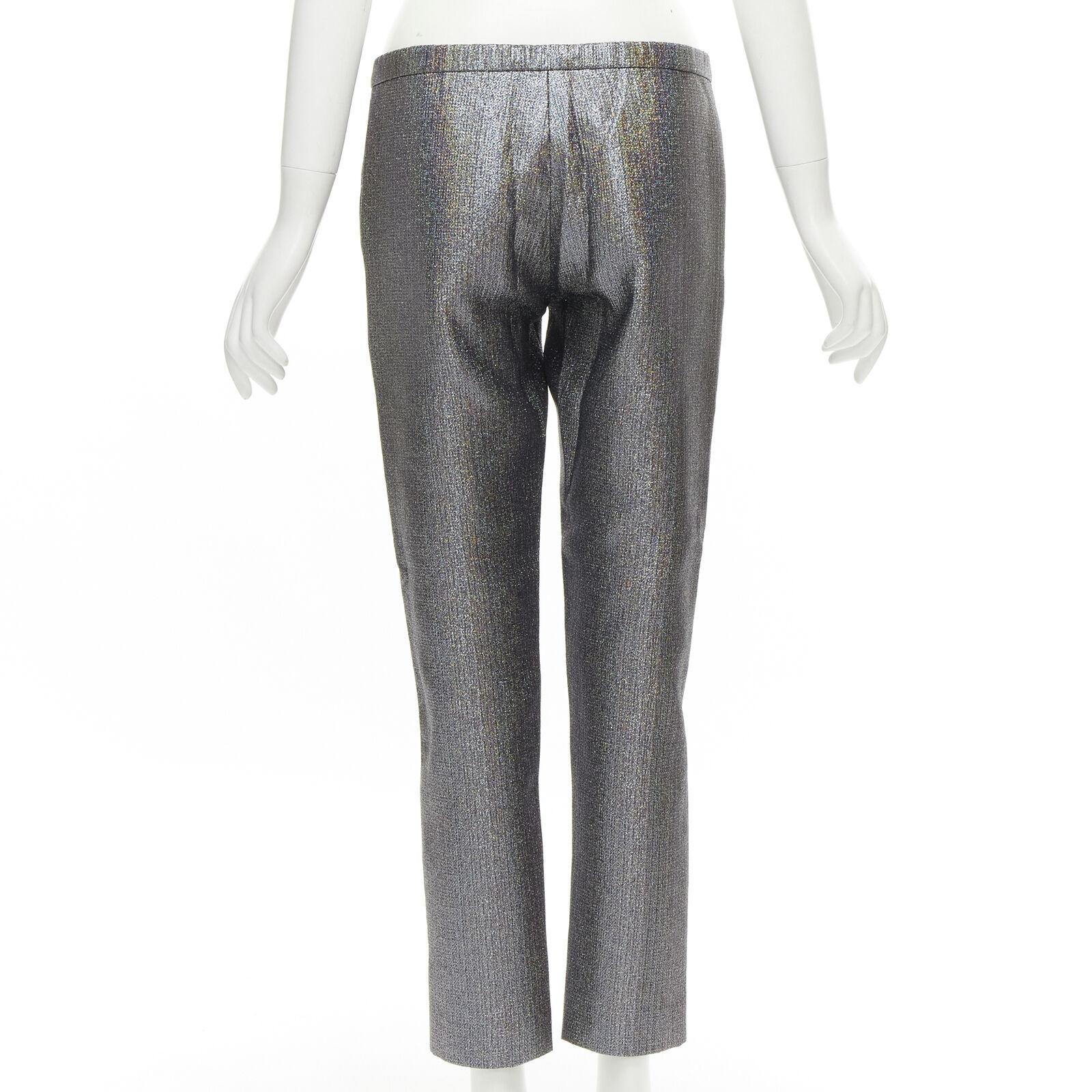 Women's ROSIE ASSOULIN silver iridescent glitter metallic silk tapered cropped pants XS For Sale