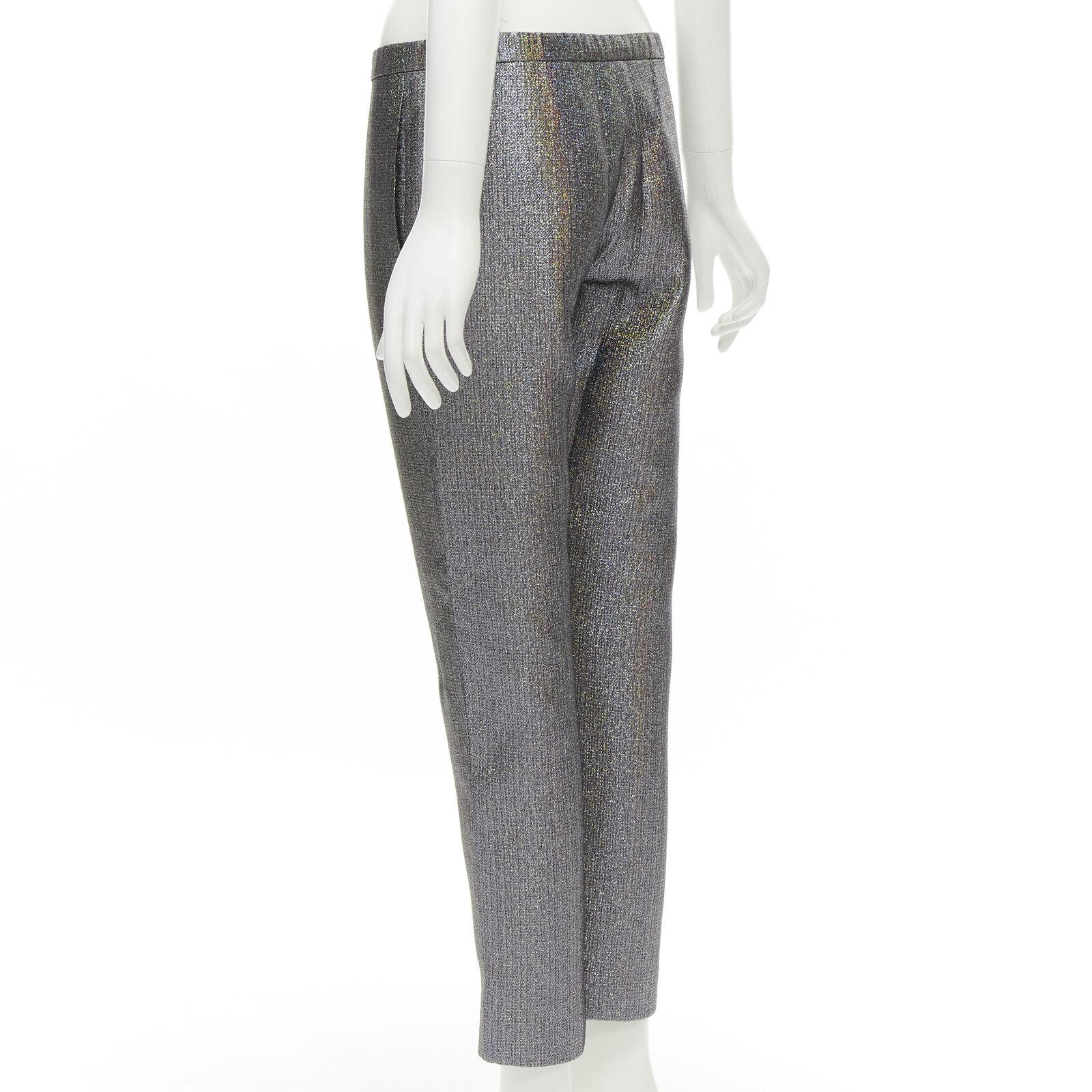 ROSIE ASSOULIN silver iridescent glitter metallic silk tapered cropped pants XS For Sale 1