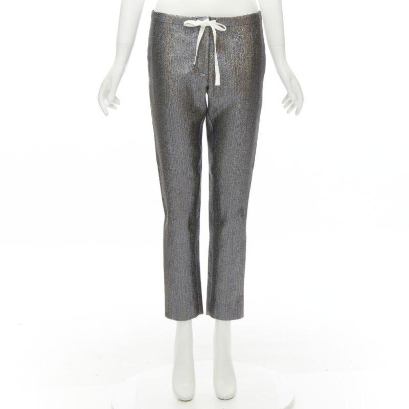 ROSIE ASSOULIN silver iridescent glitter metallic silk tapered cropped pants XS For Sale 4