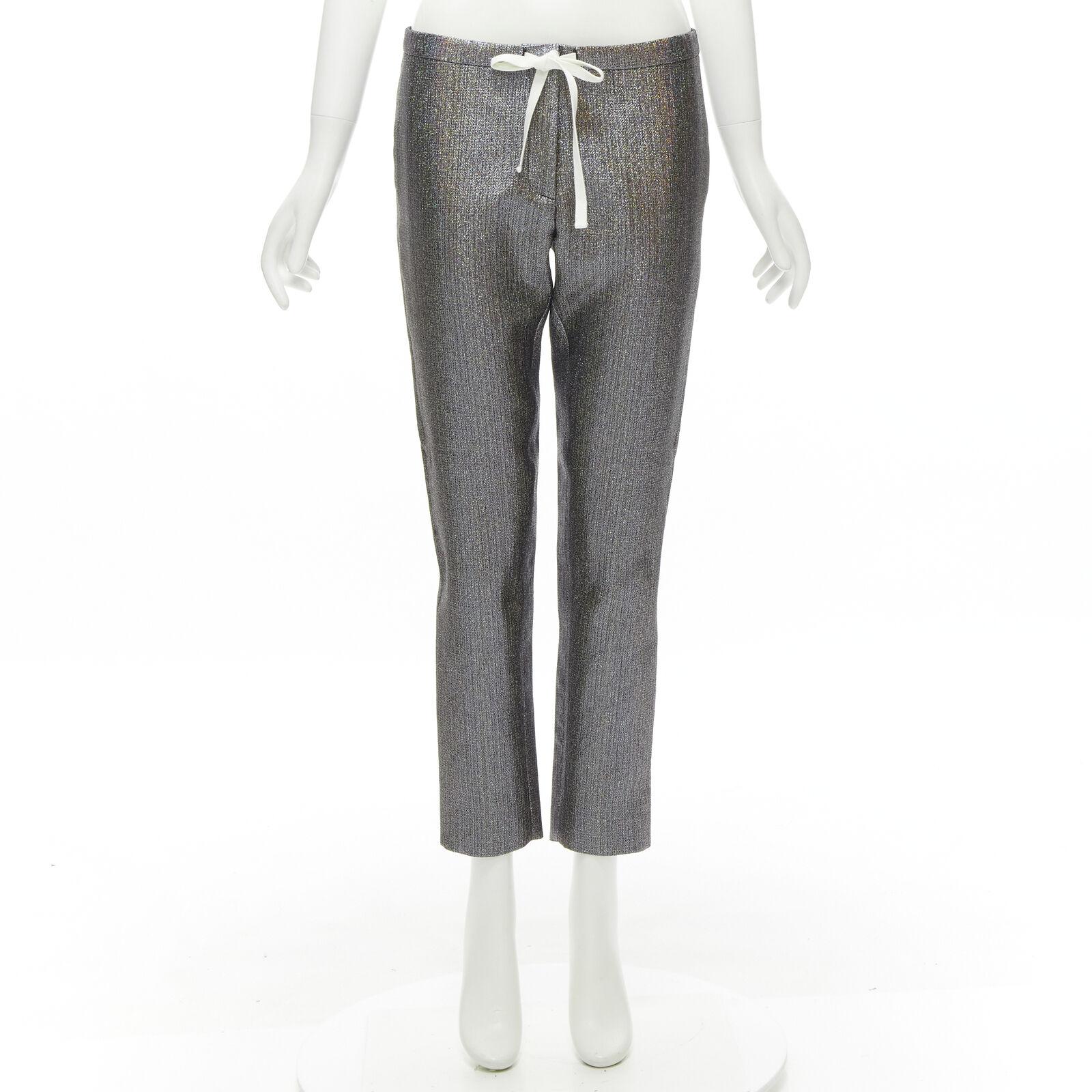 ROSIE ASSOULIN silver iridescent glitter metallic silk tapered cropped pants XS For Sale 4