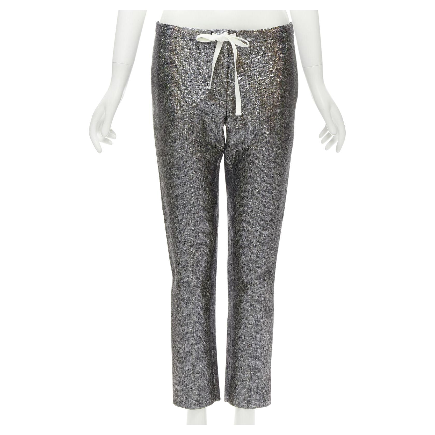 ROSIE ASSOULIN silver iridescent glitter metallic silk tapered cropped pants XS For Sale