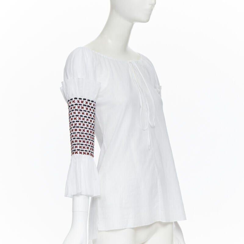 Gray ROSIE ASSOULIN white ethnic embroidery smocked sleeves off shoulder top US4 For Sale