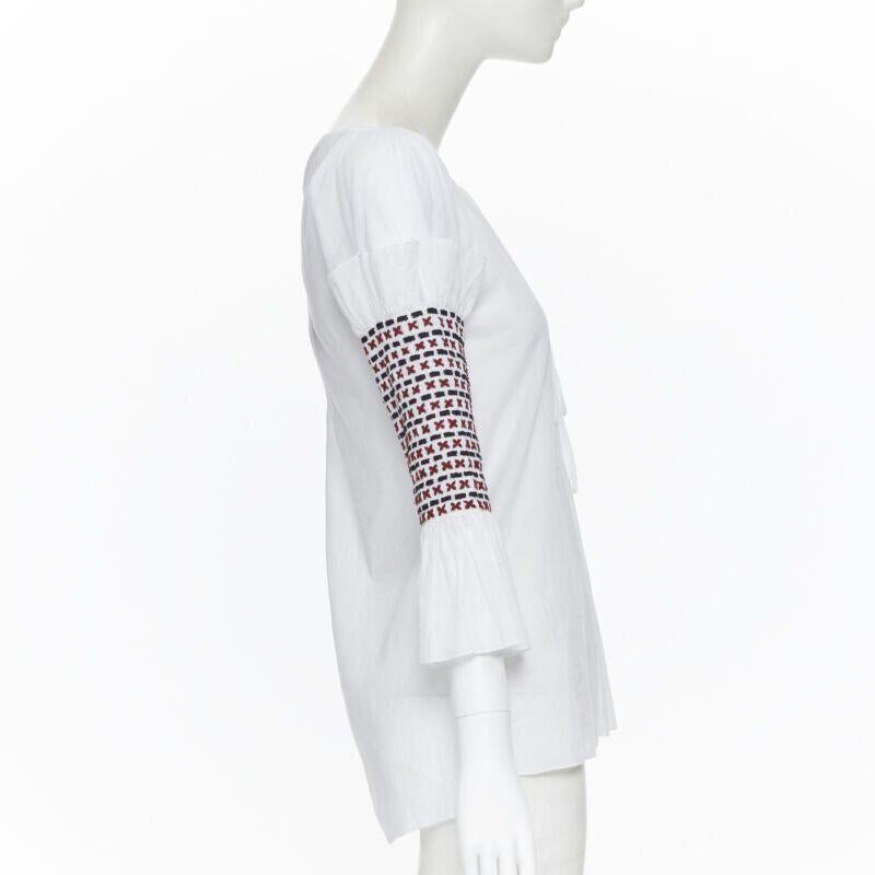 ROSIE ASSOULIN white ethnic embroidery smocked sleeves off shoulder top US4 In New Condition For Sale In Hong Kong, NT