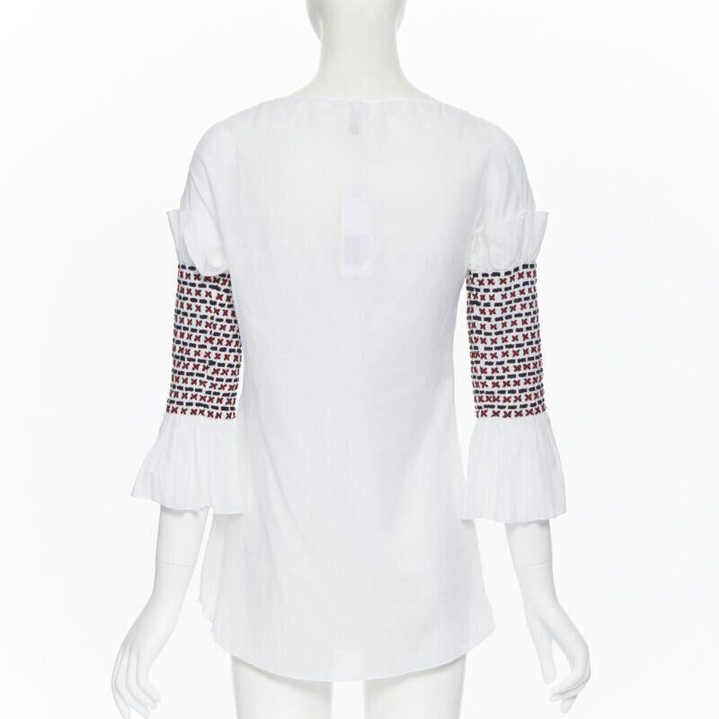 Women's ROSIE ASSOULIN white ethnic embroidery smocked sleeves off shoulder top US4 For Sale