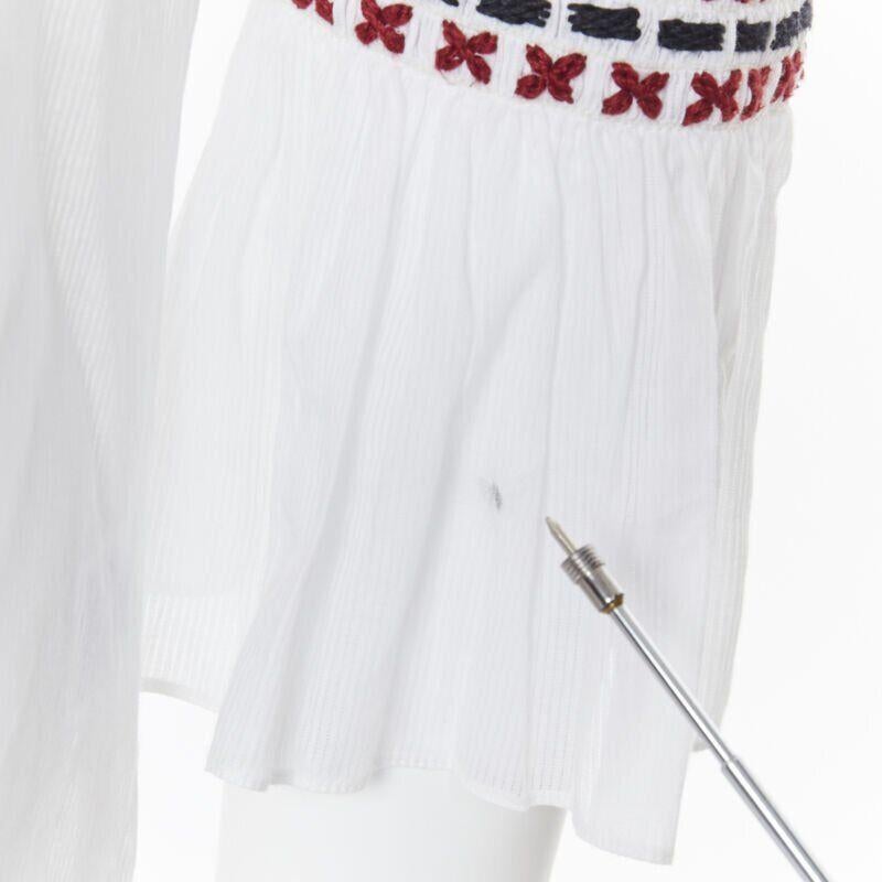 ROSIE ASSOULIN white ethnic embroidery smocked sleeves off shoulder top US4 For Sale 4