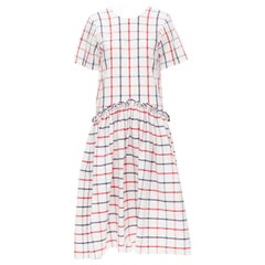 ROSIE ASSOULIN white red blue check cotton seersucker drop waist dress US2 S