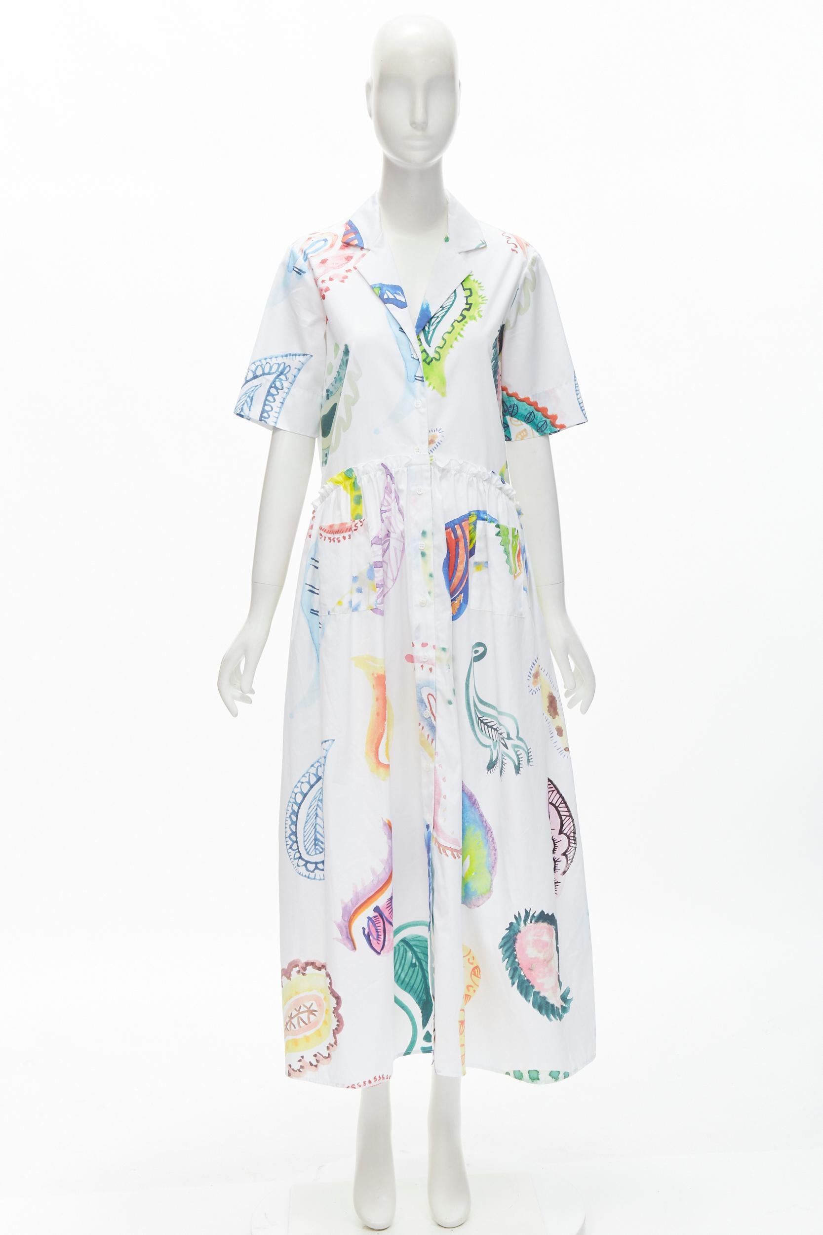 ROSIE ASSOULIN white watercolor paisley print cotton ruffle waist midi dress S For Sale 3