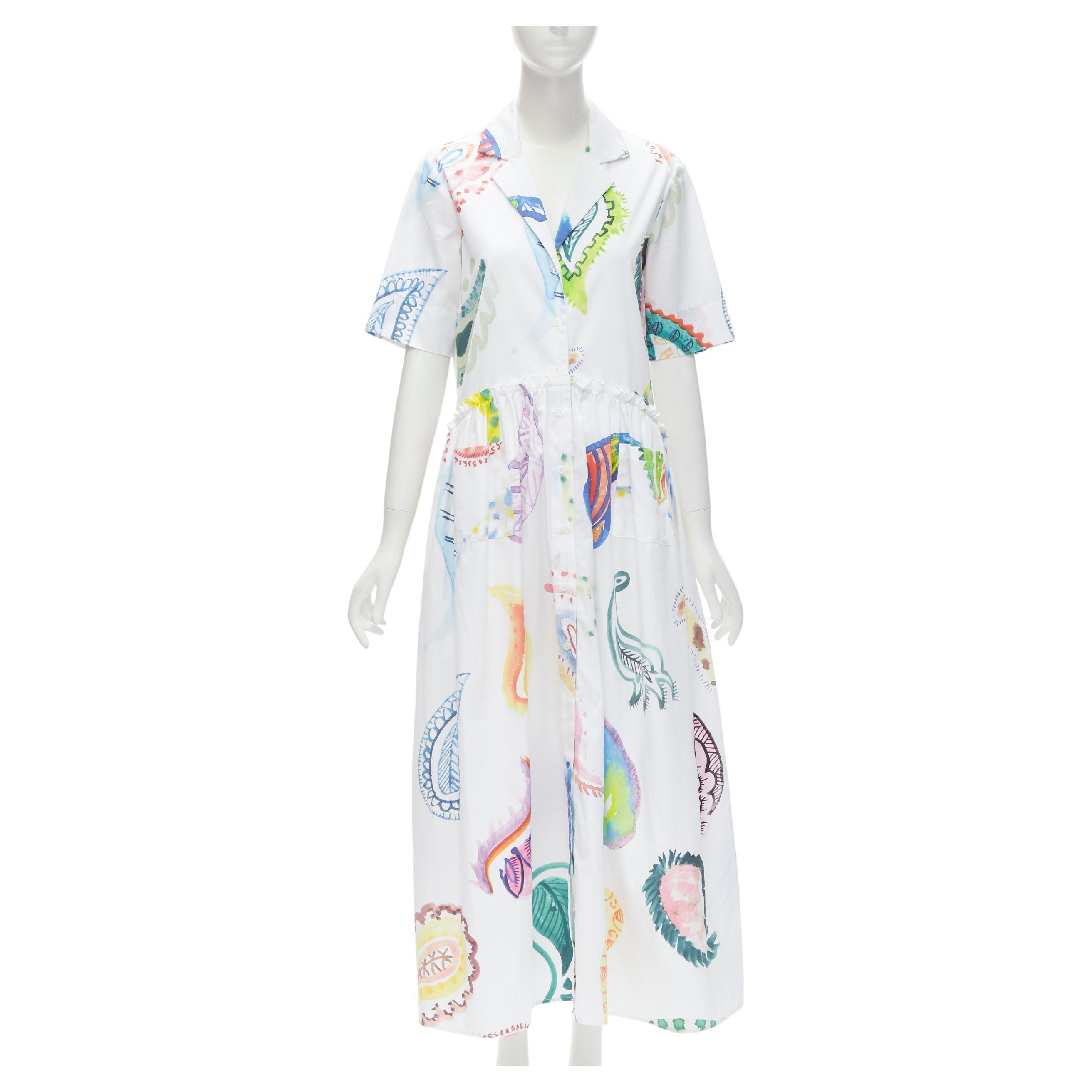 ROSIE ASSOULIN white watercolor paisley print cotton ruffle waist midi dress S For Sale