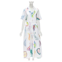ROSIE ASSOULIN white watercolor paisley print cotton ruffle waist midi dress S