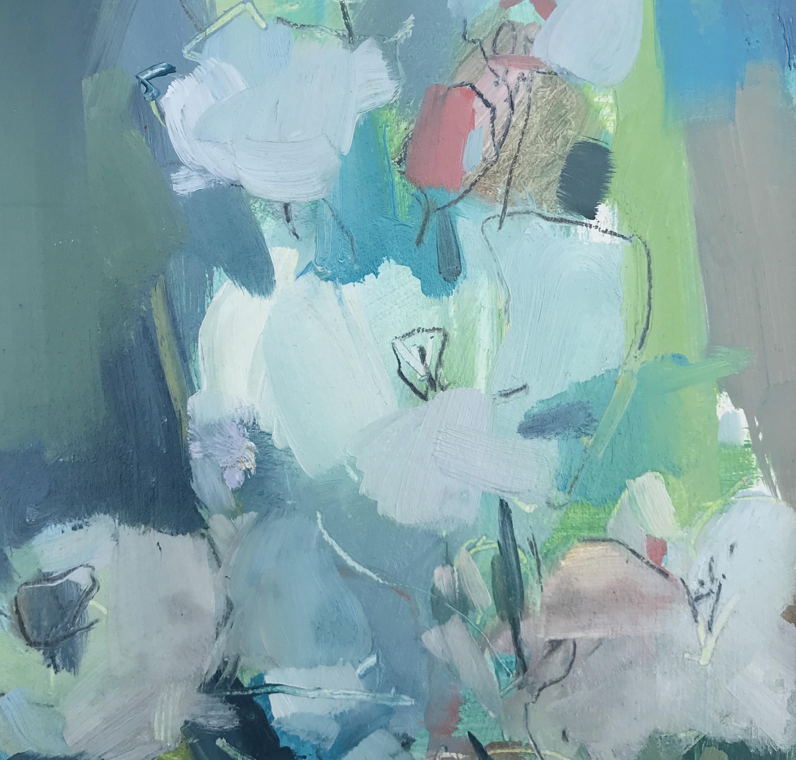 Lilien und Rosenknospen (Impressionismus), Painting, von Rosie Copeland