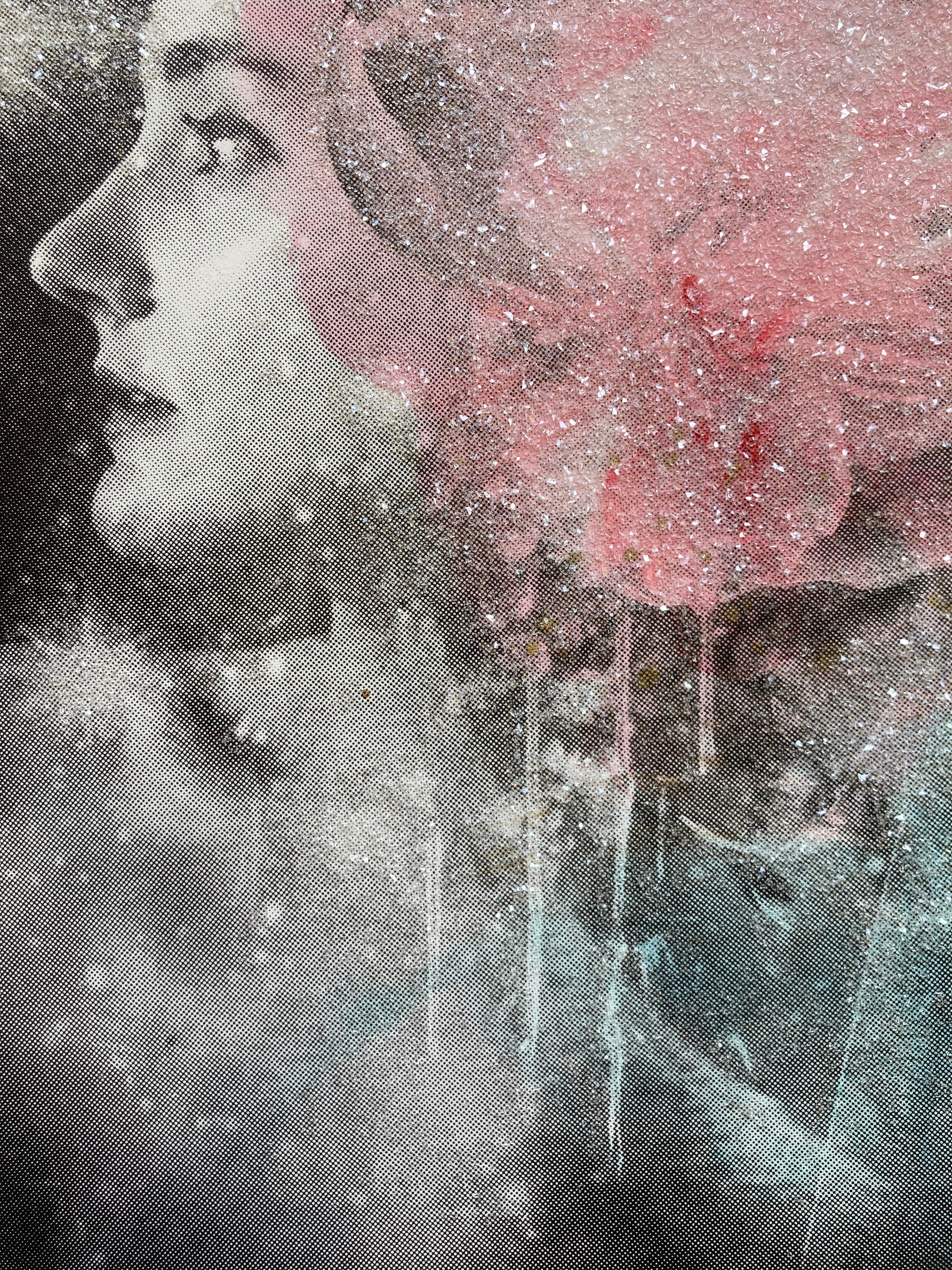 Andromeda, Hand painted screen print with diamond dust, portrait & pink flower  - Print by Rosie Emerson