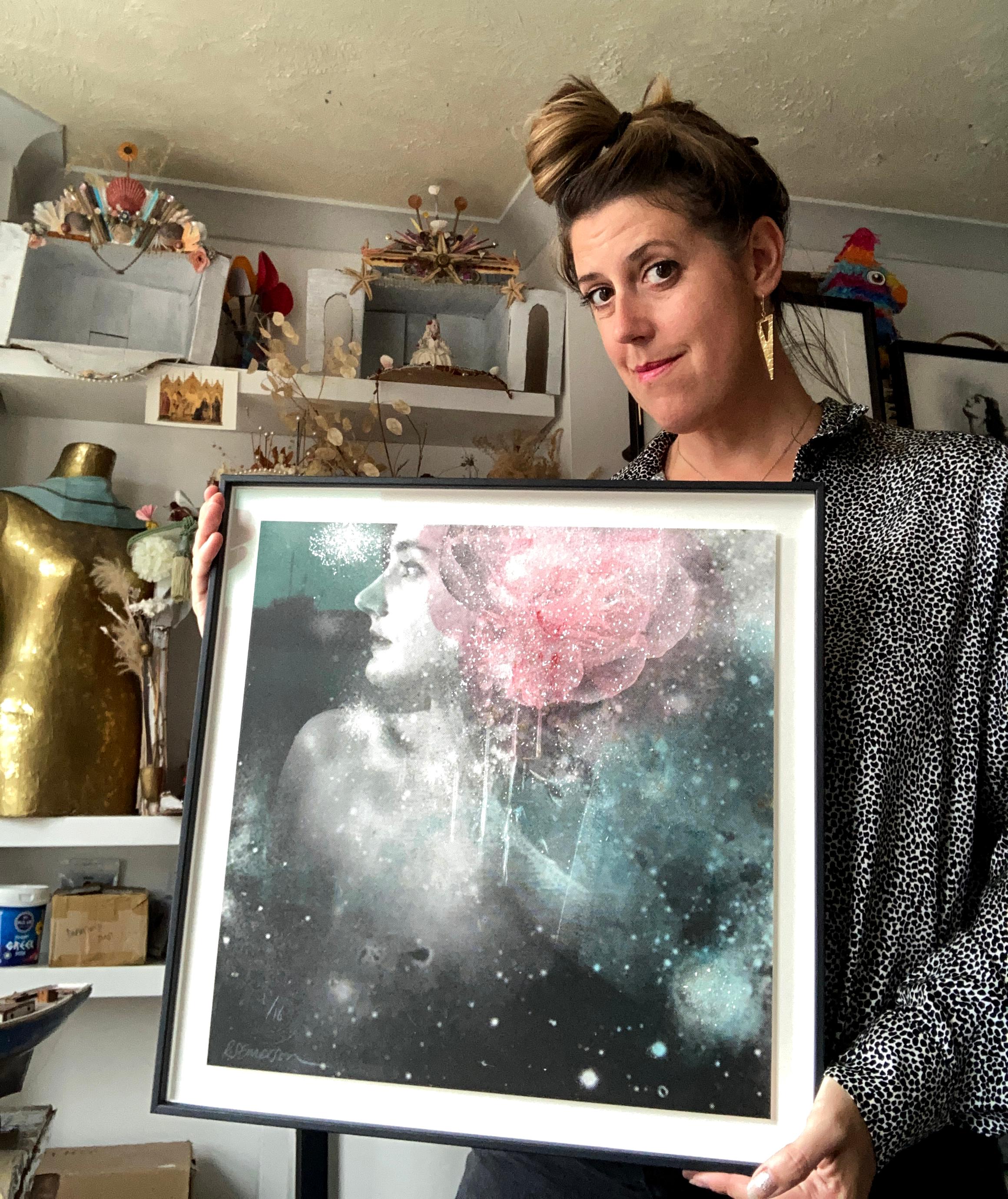 Andromeda, Hand painted screen print with diamond dust, portrait & pink flower  - Contemporary Print by Rosie Emerson