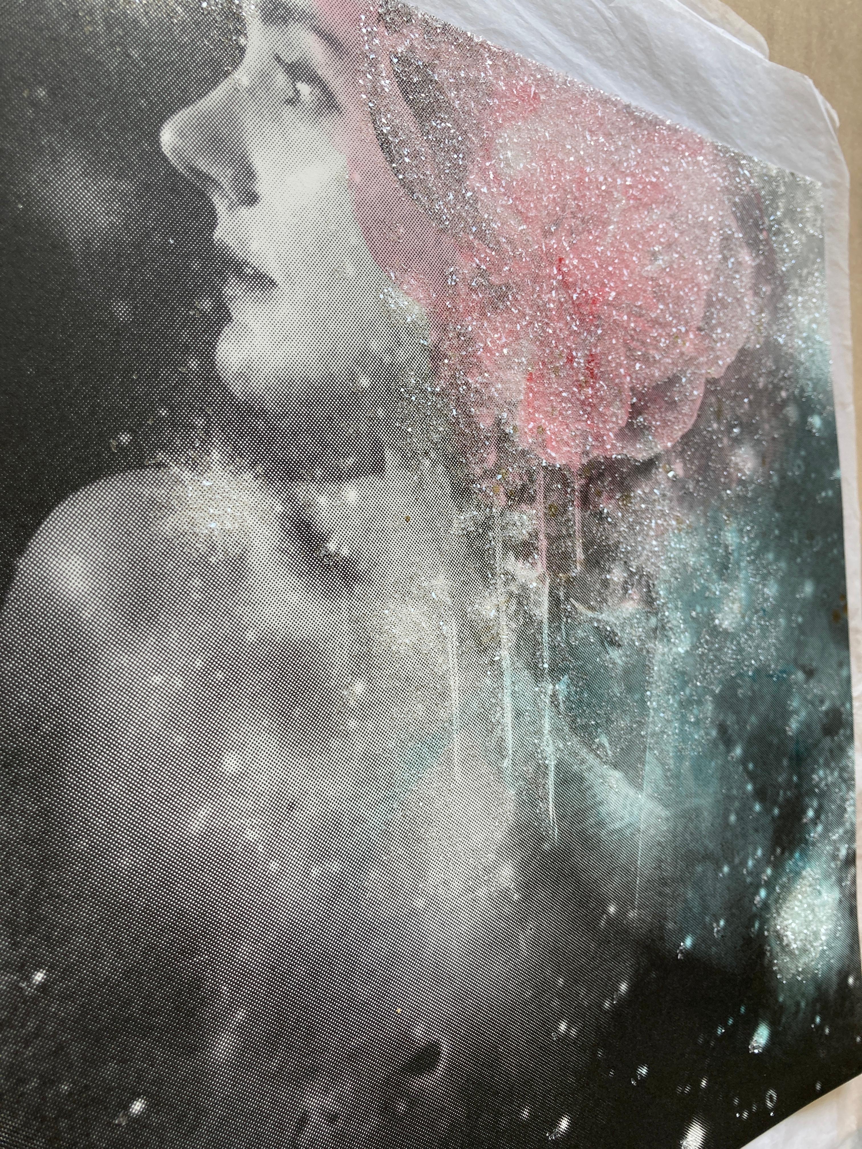 Andromeda, Hand painted screen print with diamond dust, portrait & pink flower  - Gray Portrait Print by Rosie Emerson