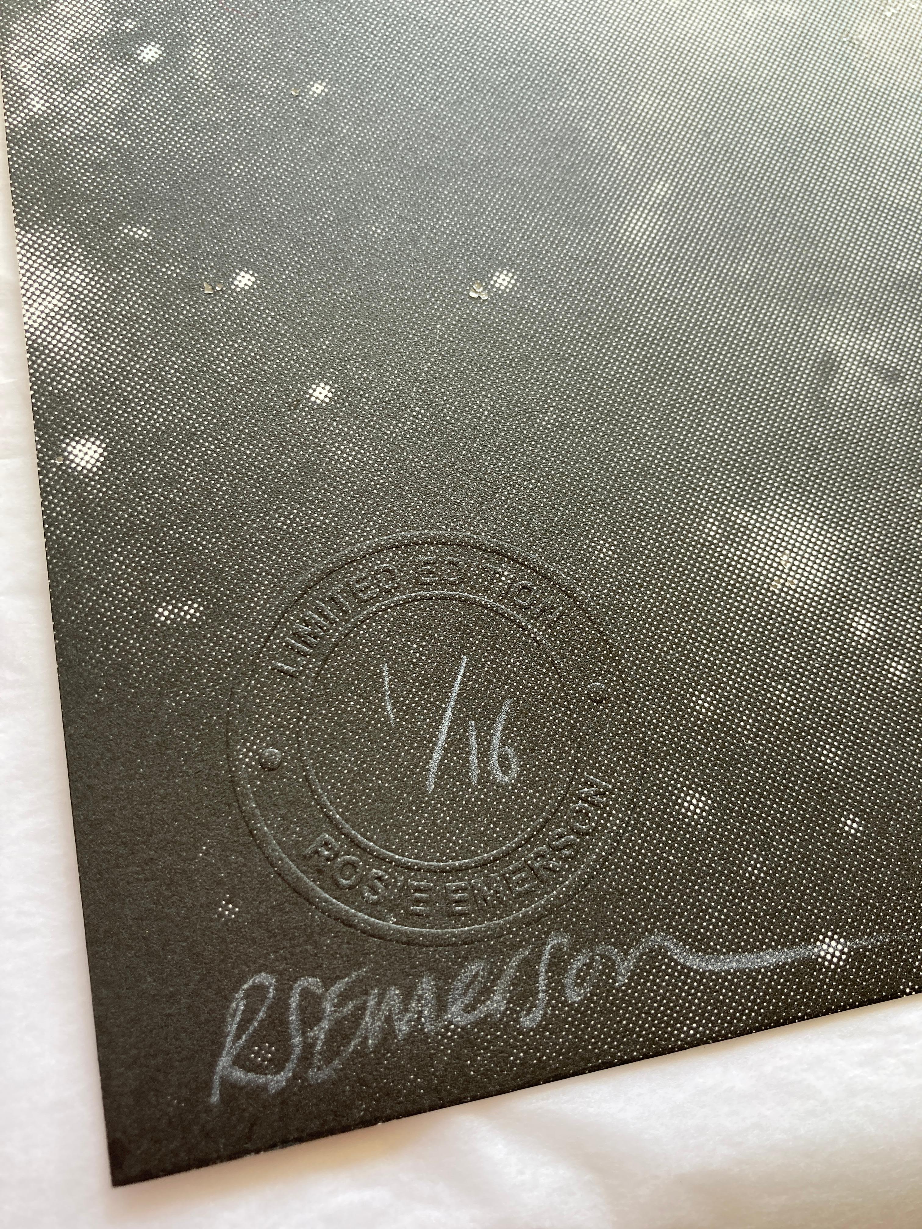 Andromeda, sérigraphie peinte à la main avec poussière de diamants, portrait et fleur rose  en vente 1