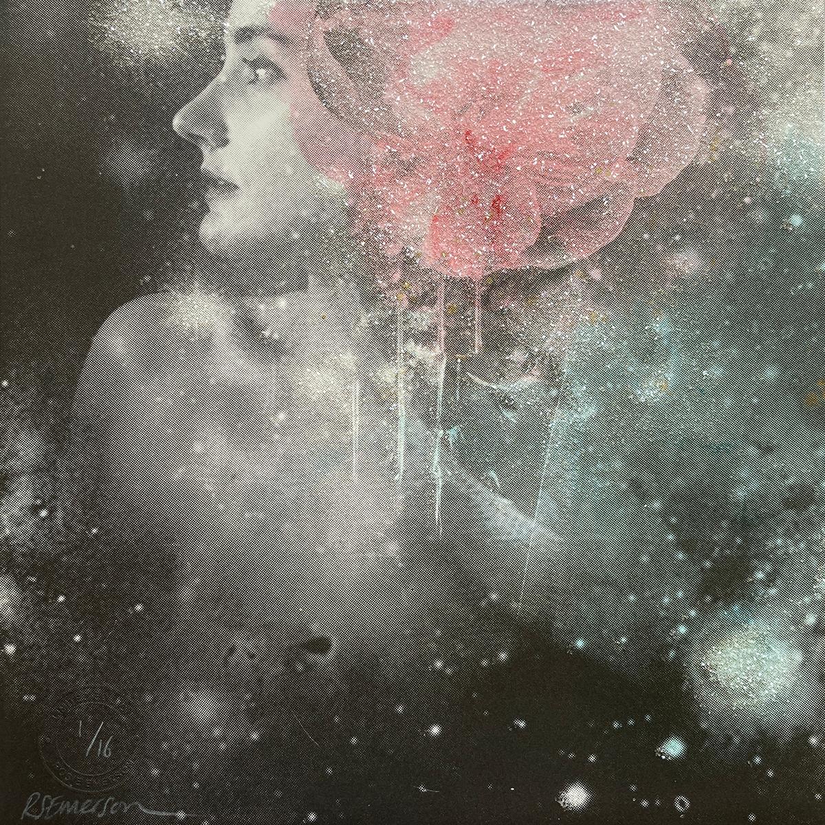 Rosie Emerson Portrait Print - Andromeda, Hand painted screen print with diamond dust, portrait & pink flower 