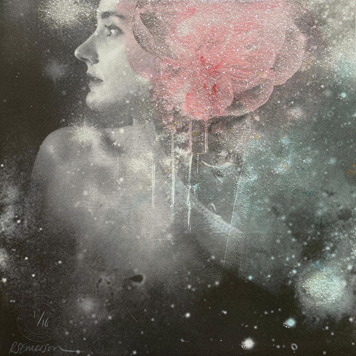 Andromeda, Hand painted screen print with diamond dust, portrait & pink flower