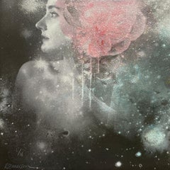 Andromeda, Hand painted screen print with diamond dust, portrait & pink flower 