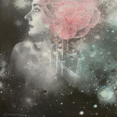 Andromeda, Hand painted screen print with diamond dust, portrait & pink flower