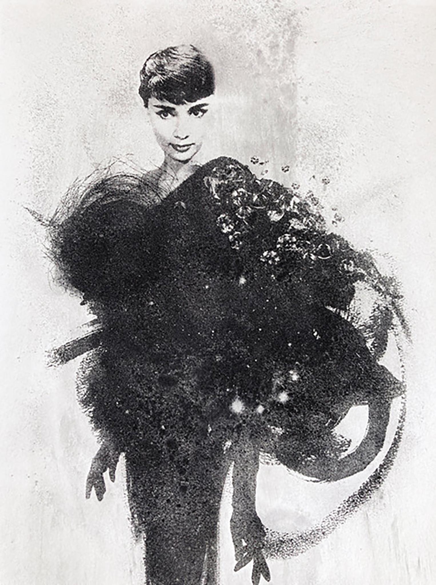 Audrey Hepburn, mixed media limited edition fashion inspired unique screen print - Print by Rosie Emerson