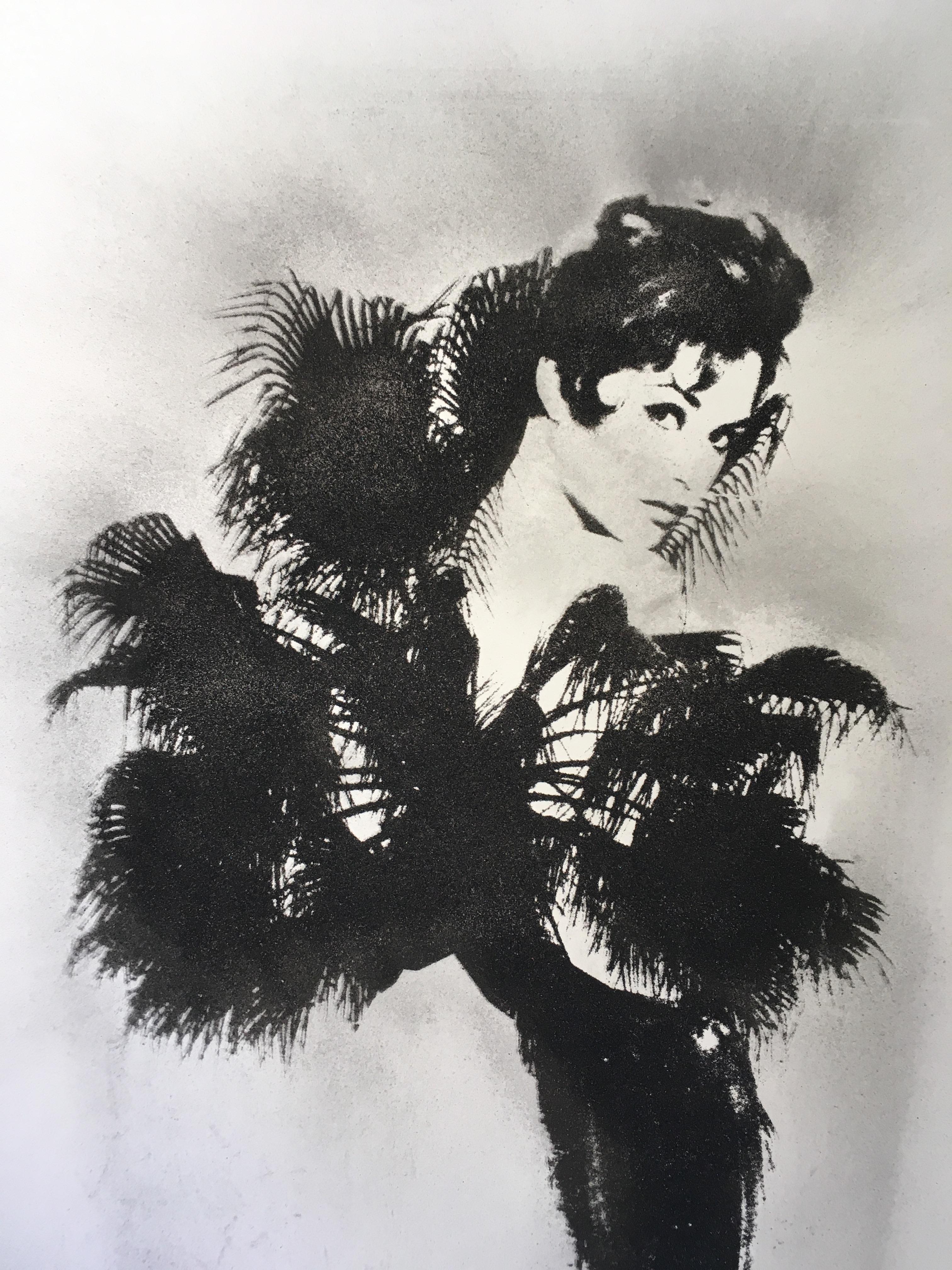 Brigitte Bardot, mixed media large glamorous unique screen print, black sparkle - Print by Rosie Emerson