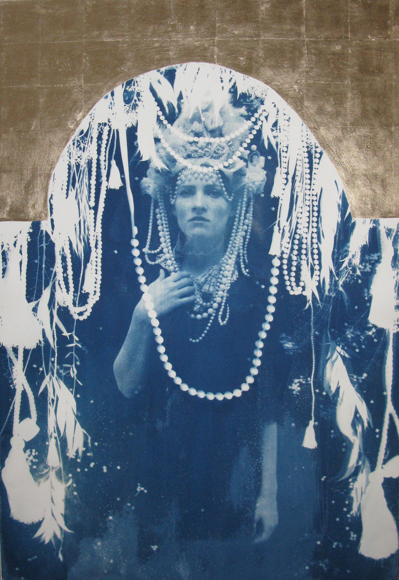 Rosie Emerson Figurative Photograph - Sola, hand-finished cyanotype with gold leaf, Art Deco style galmorous portrait