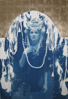 Sola, hand-finished cyanotype with gold leaf, Art Deco style galmorous portrait