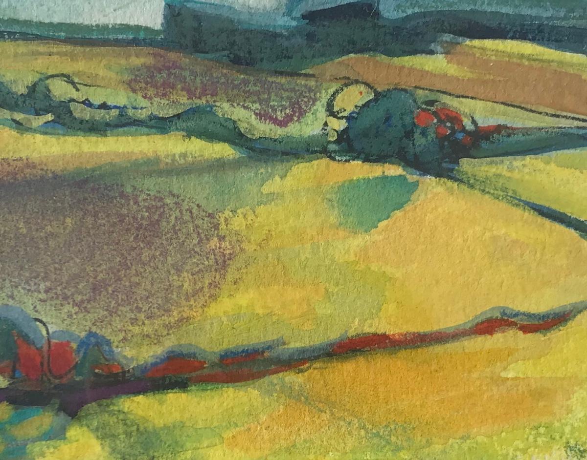Cotswolds Landscape X by Rosie Phipps [2021]
original and hand signed by the artist 
Water Colour Paint, Gouache and Pastel on Paper
Image size: H:10 cm x W:25 cm
Complete Size of Unframed Work: H:10 cm x W:25 cm x D:0.5cm
Frame Size: H:23 cm x W:39