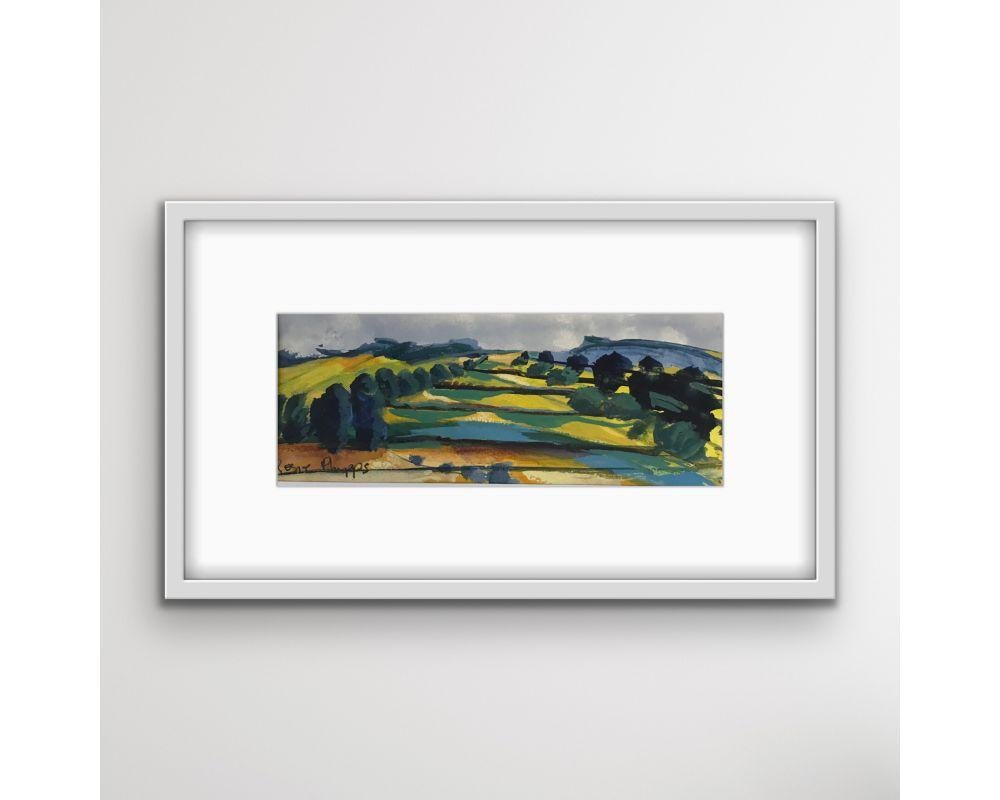 Peinture à l'aquarelle des champs jaunes en patchwork sur papier de Rosie Phipps, 2022 en vente 2